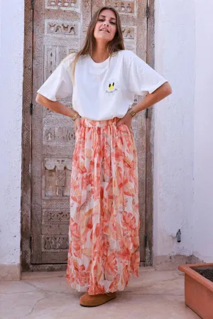 Coral Leaf Chiffon Pleated Maxi Skirt