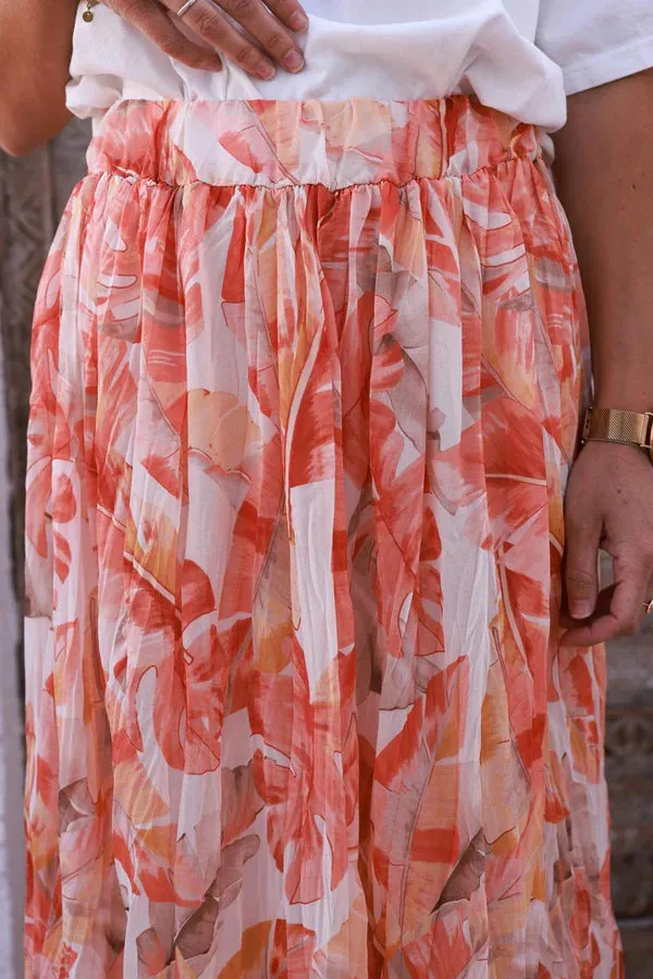 Coral Leaf Chiffon Pleated Maxi Skirt