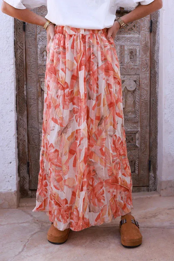 Coral Leaf Chiffon Pleated Maxi Skirt