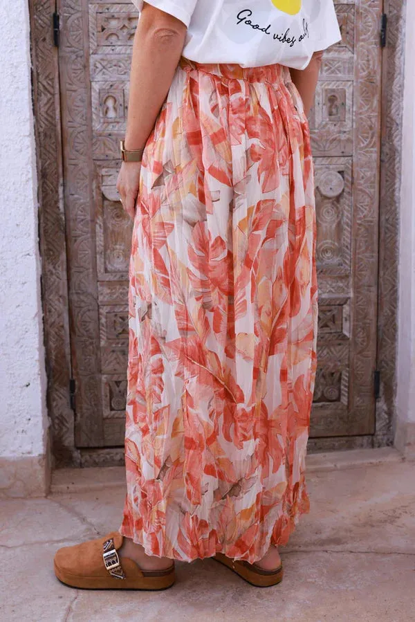 Coral Leaf Chiffon Pleated Maxi Skirt