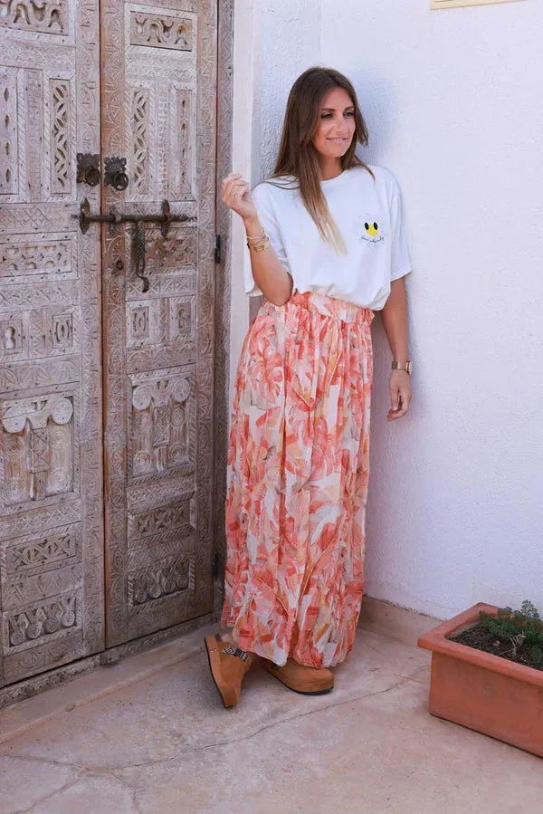 Coral Leaf Chiffon Pleated Maxi Skirt