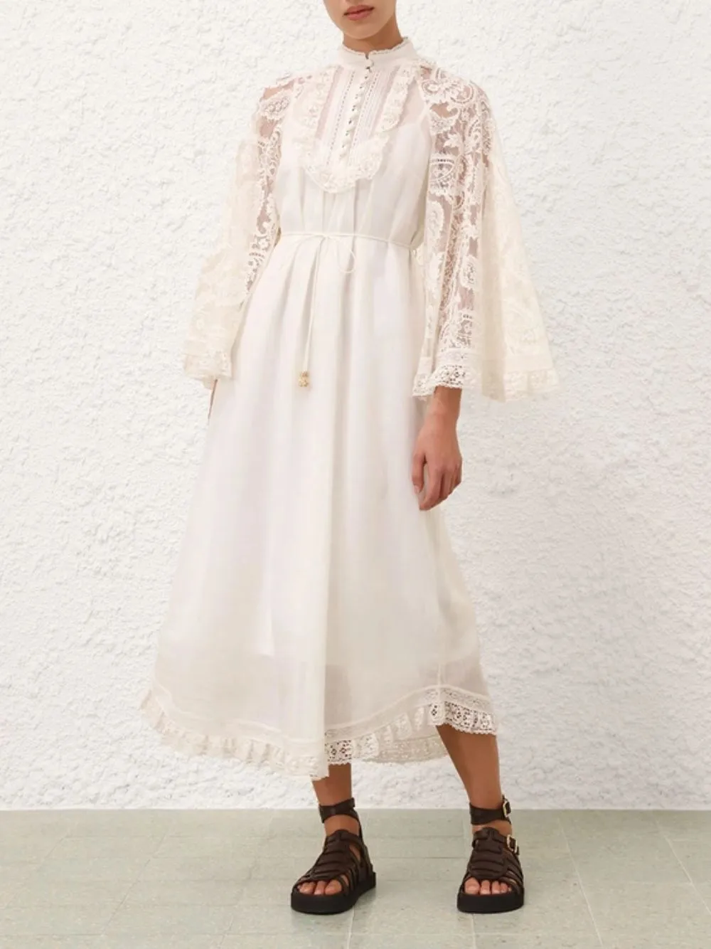 Cream Ascension Lace Yoke Midi Dress