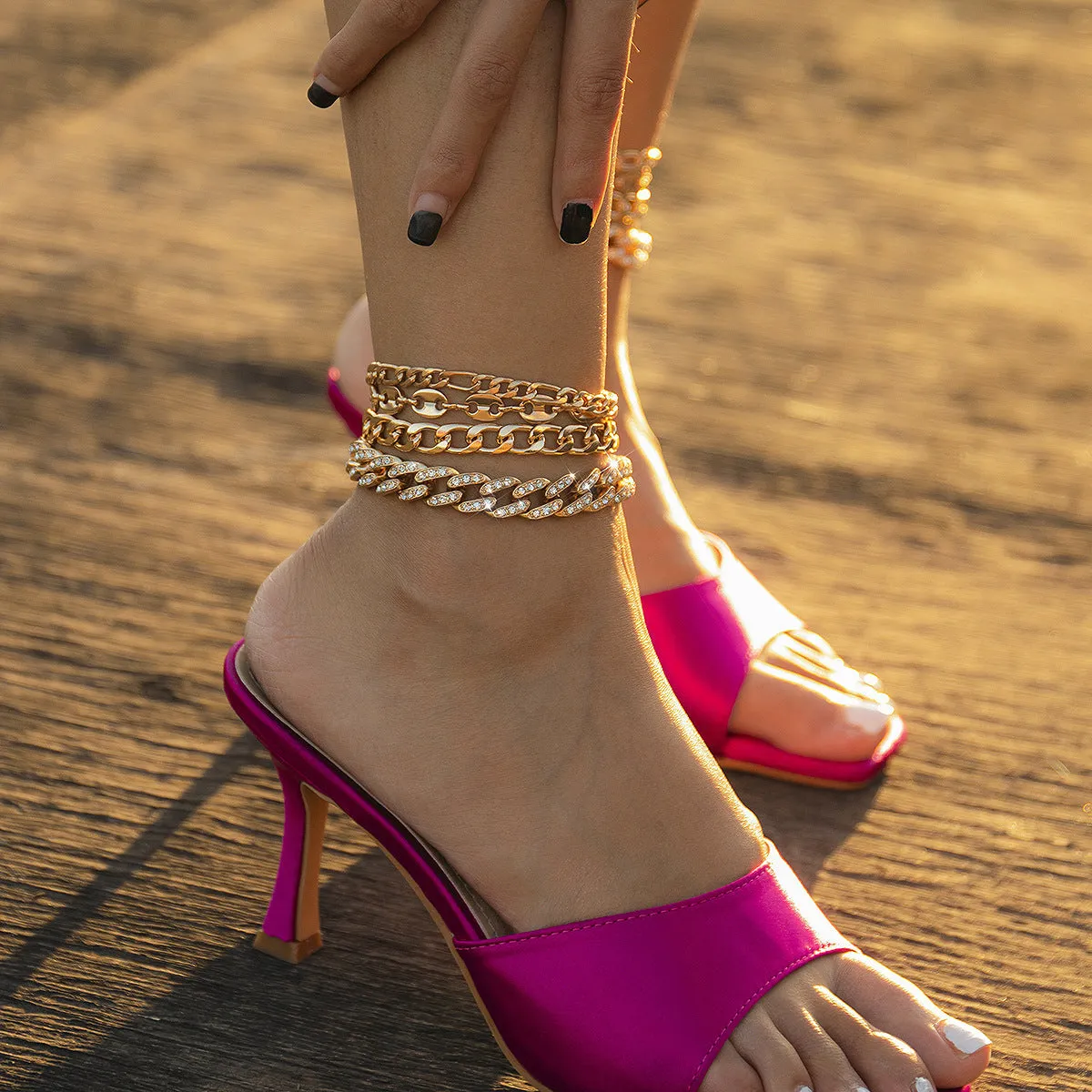Cubic Zirconia & 18K Gold-Plated Mariner Chain Anklet Set