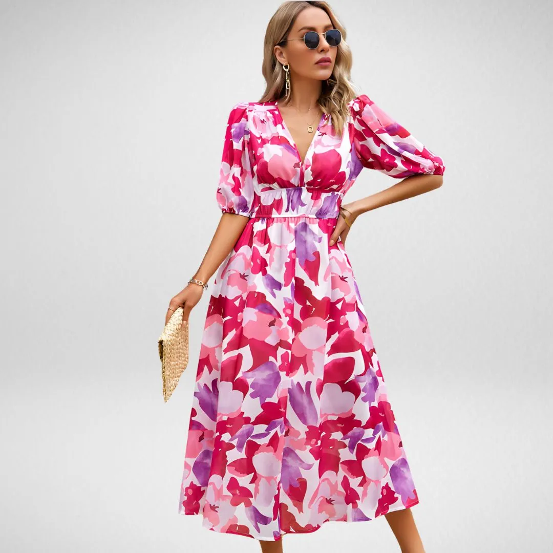 Elara™ Printed V-Neck Dress