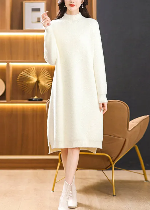 Elegant Caramel Hign Neck Mink Hair Knitwear Sweaters Dress Spring