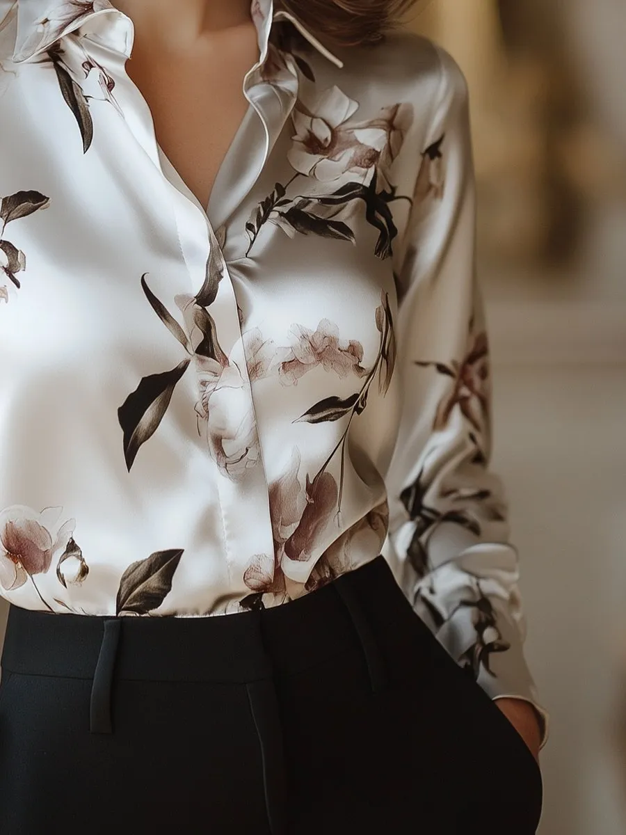 Elegant Satin Blouse with Magnolia Design