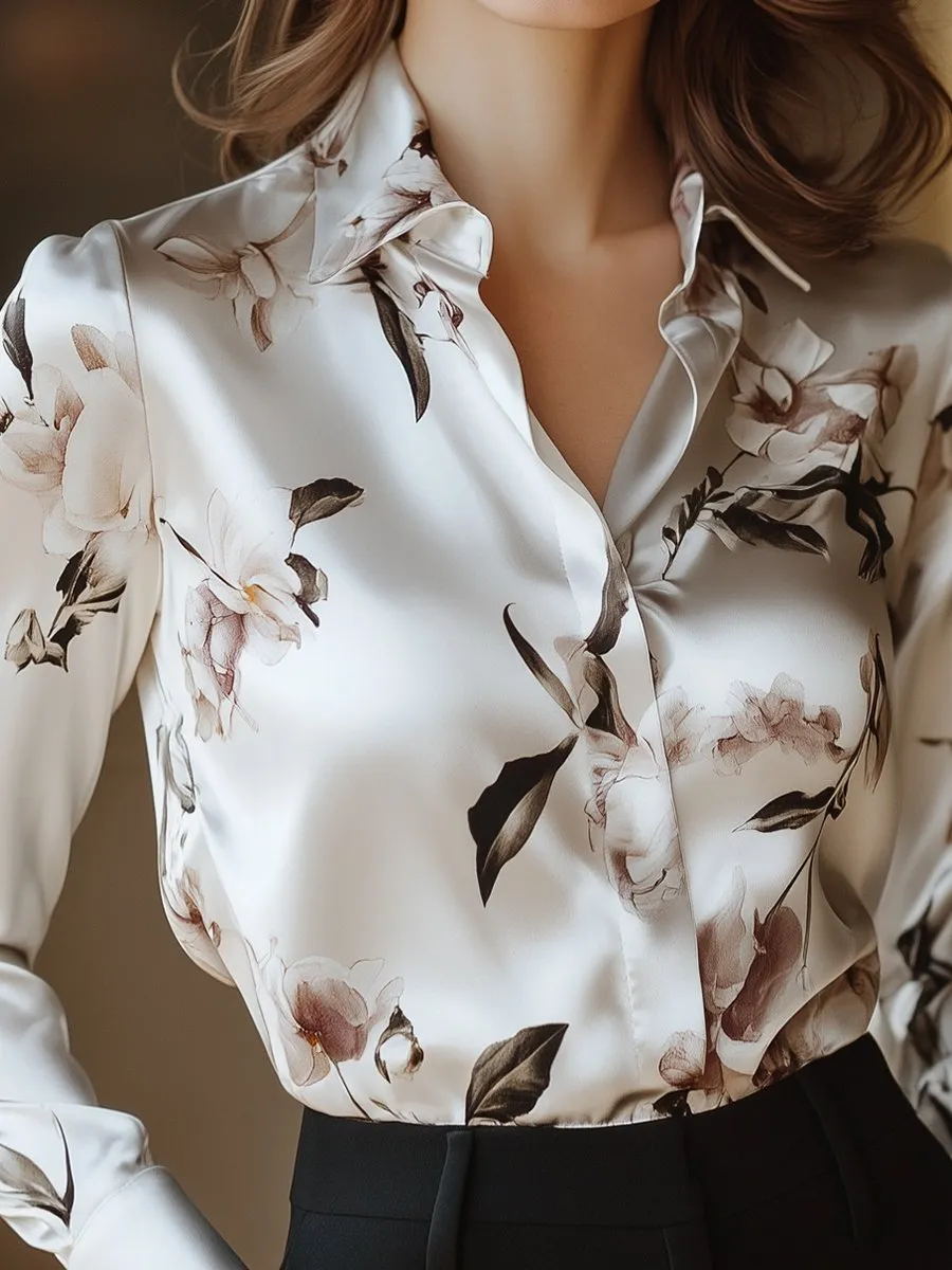 Elegant Satin Blouse with Magnolia Design