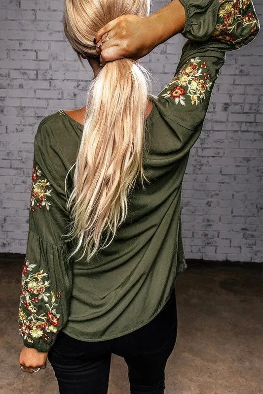 Embroidered Balloon Sleeve Top