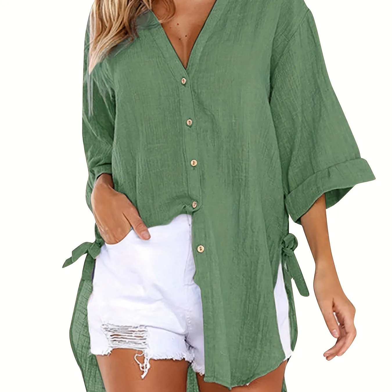 Emma - Casual blouse with short sleeves and solid-colored neckline