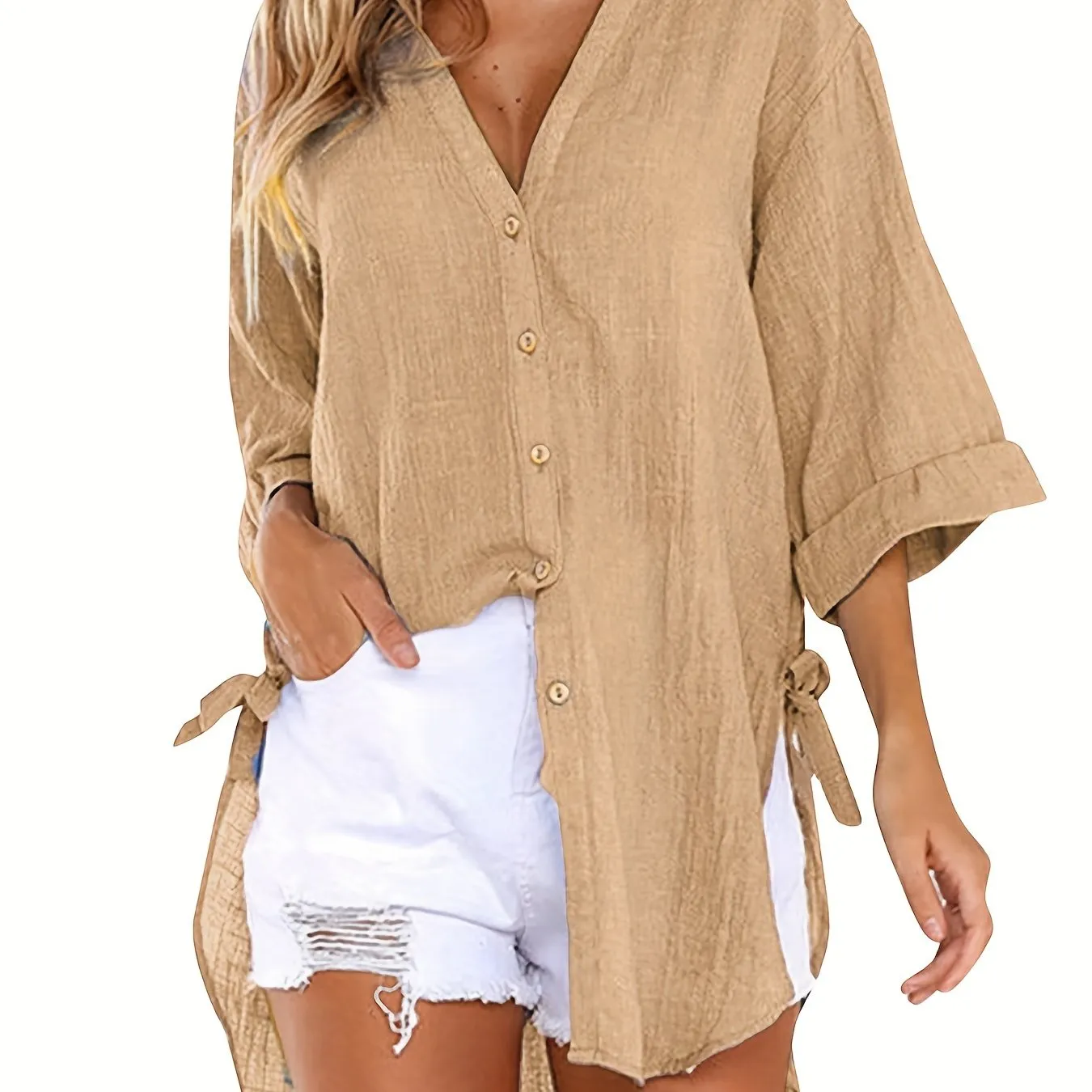 Emma - Casual blouse with short sleeves and solid-colored neckline