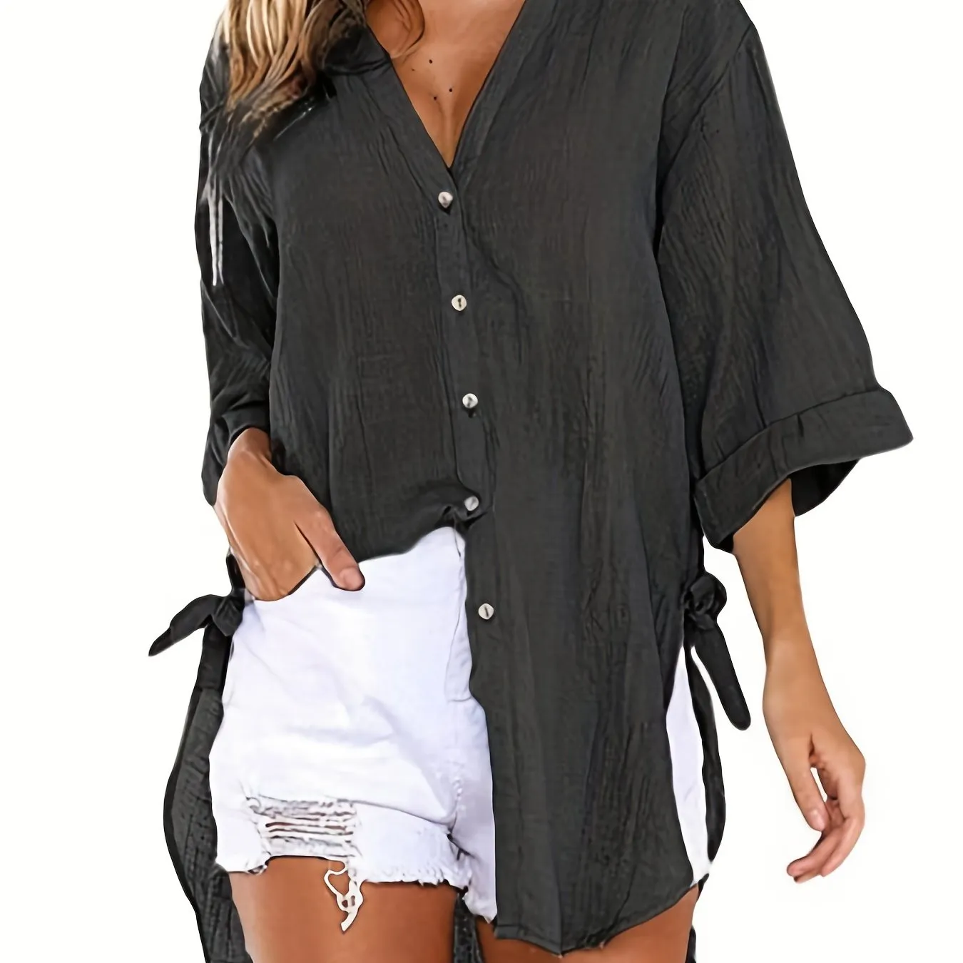 Emma - Casual blouse with short sleeves and solid-colored neckline