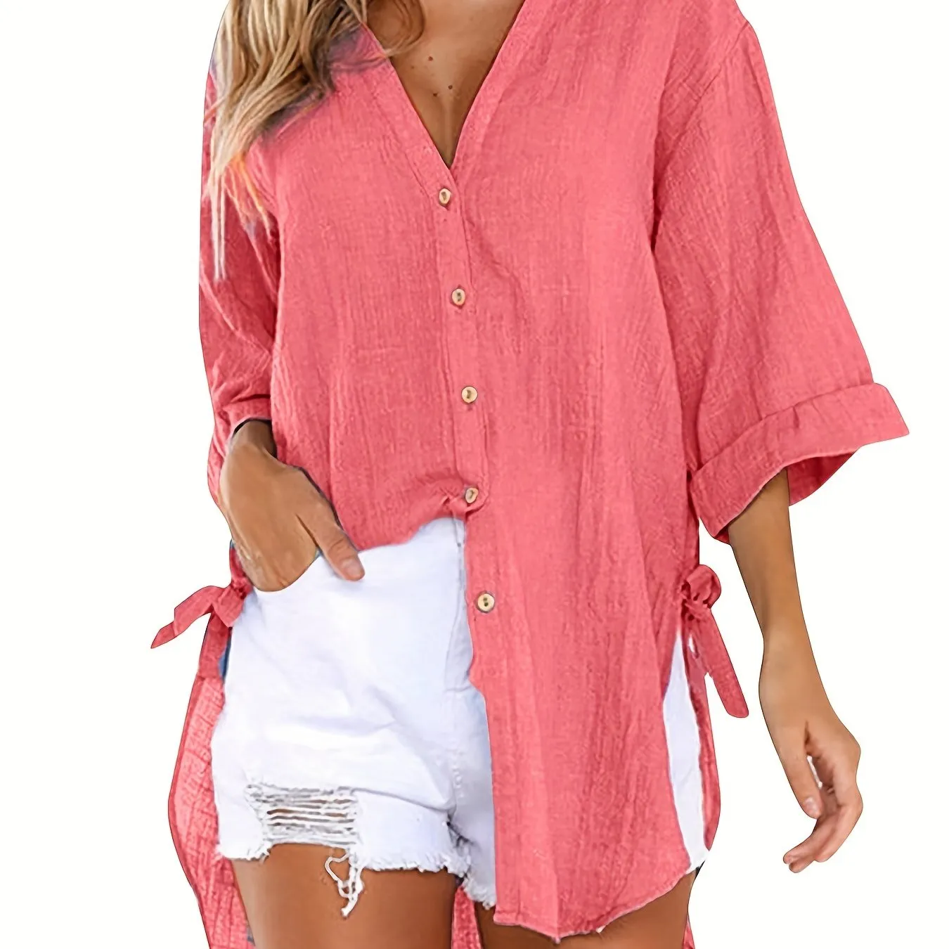 Emma - Casual blouse with short sleeves and solid-colored neckline