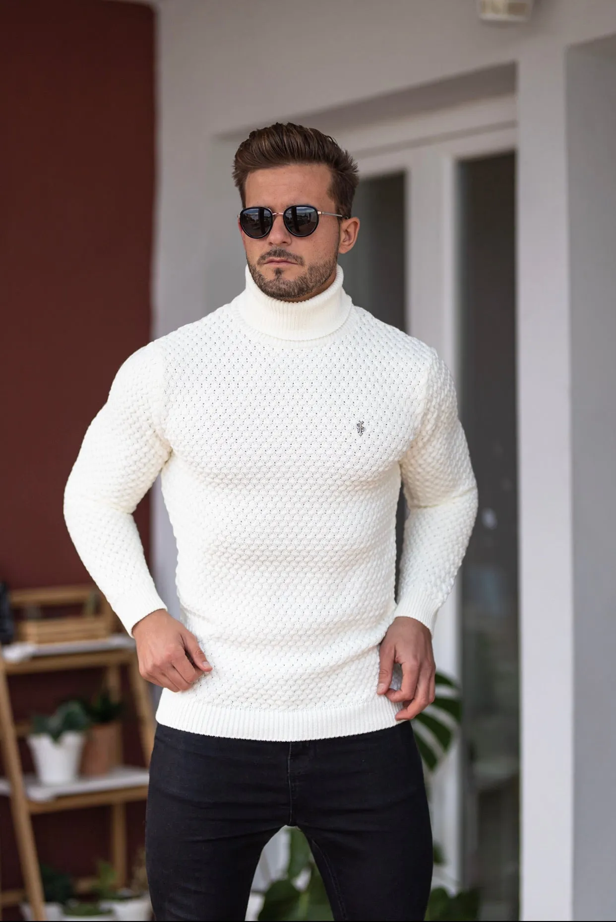 Father Sons Cream Knitted Roll Neck Weave Super Slim Jumper With Metal Decal - FSJ026