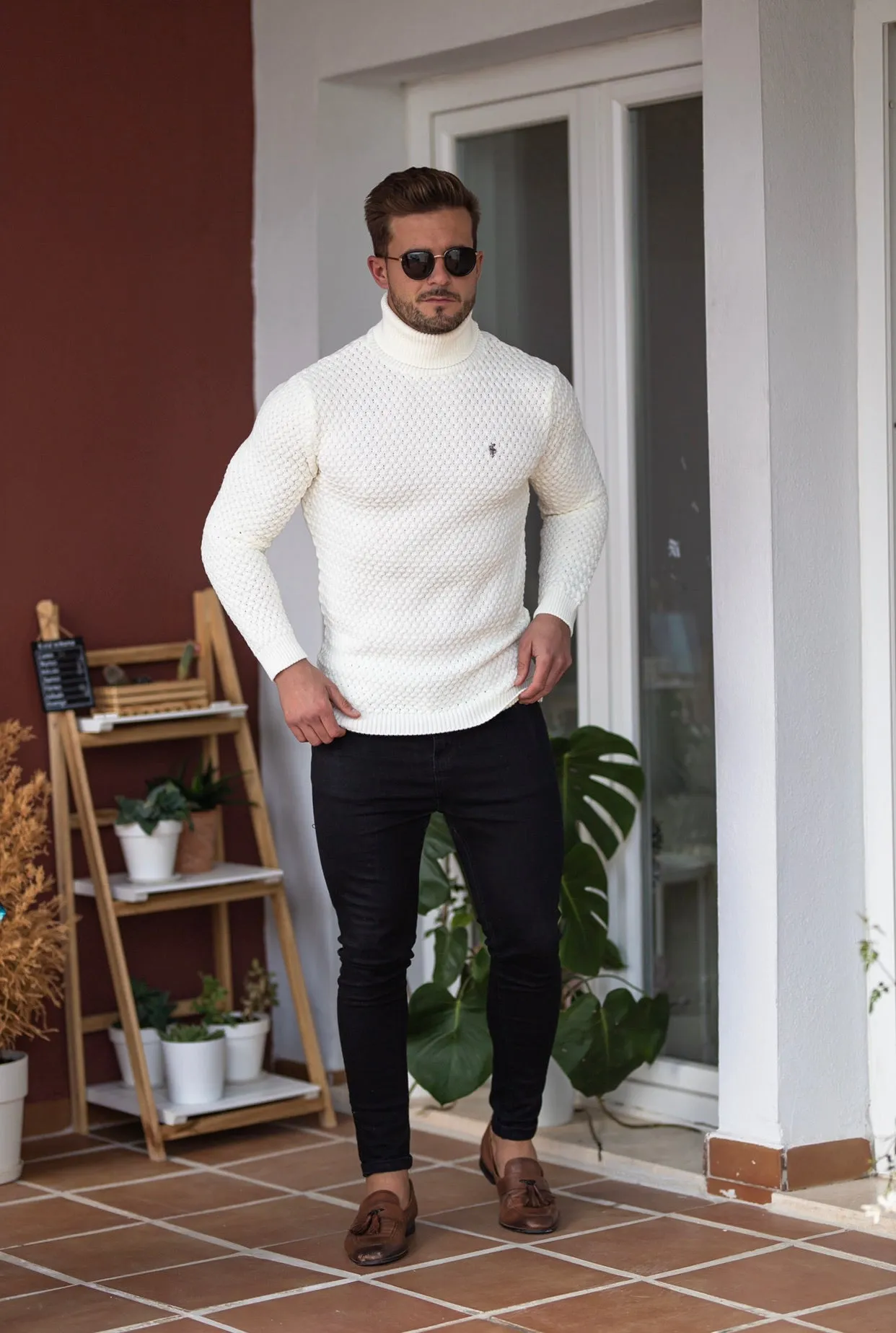 Father Sons Cream Knitted Roll Neck Weave Super Slim Jumper With Metal Decal - FSJ026