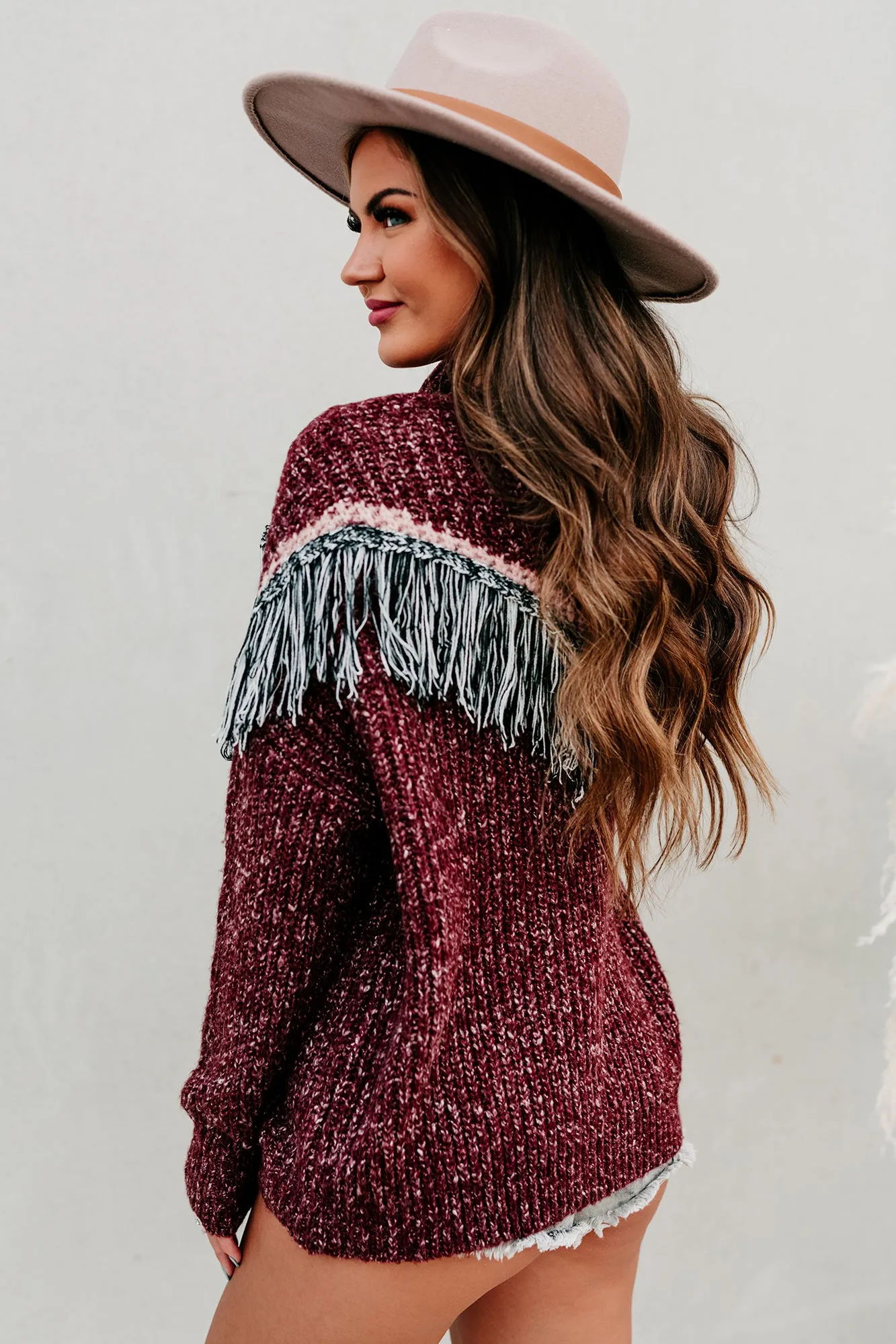 Fireside Feels Chunky Knit Fringe Sweater (Wine)