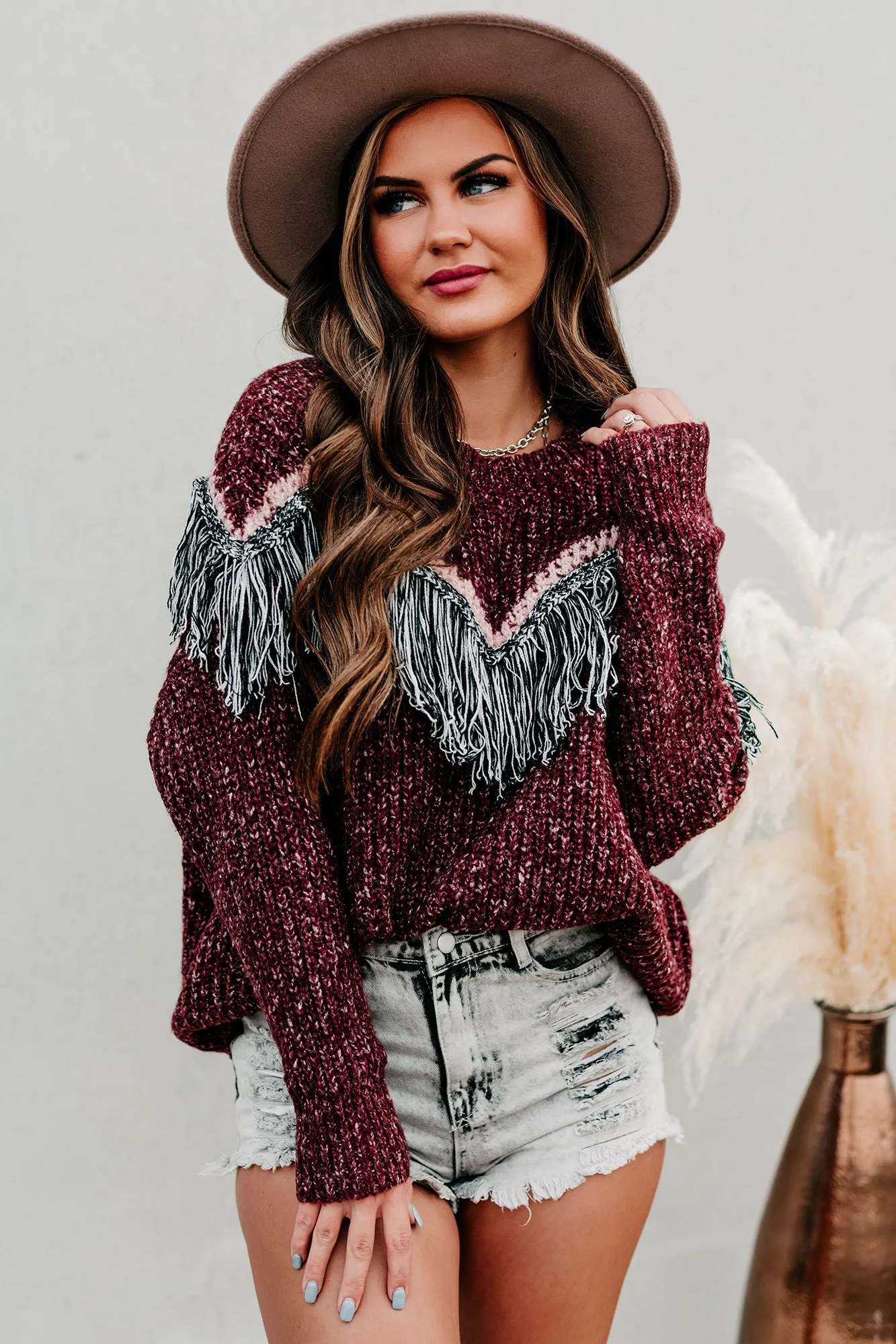 Fireside Feels Chunky Knit Fringe Sweater (Wine)