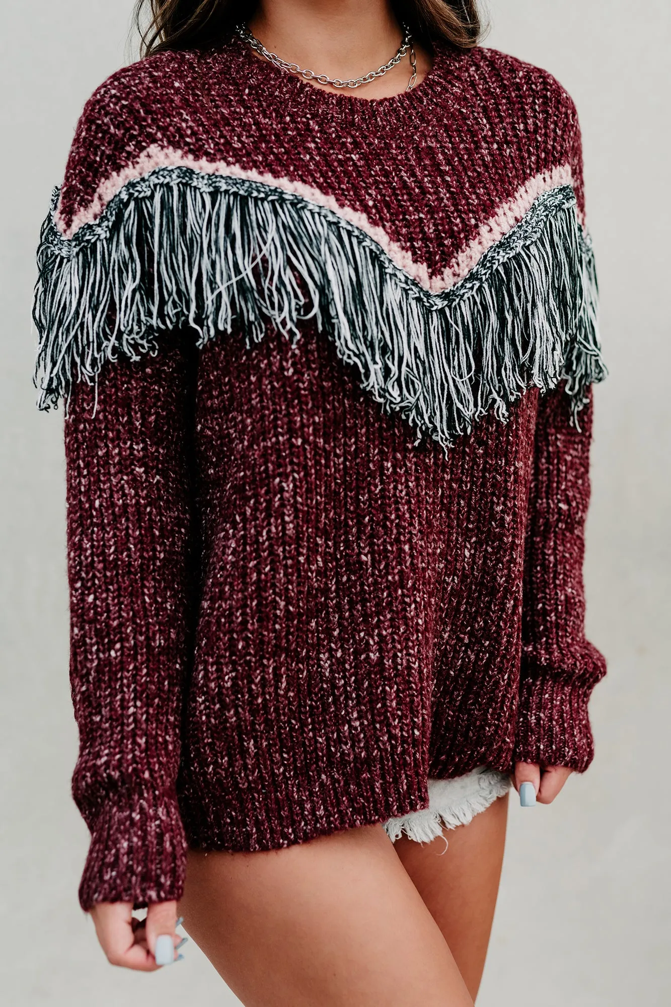 Fireside Feels Chunky Knit Fringe Sweater (Wine)