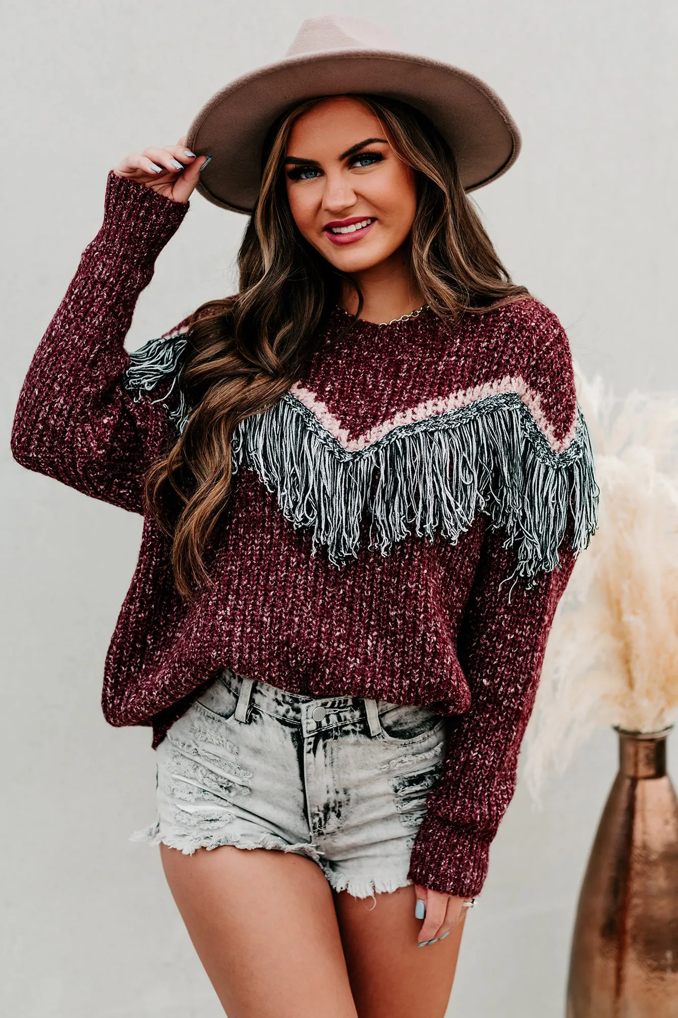 Fireside Feels Chunky Knit Fringe Sweater (Wine)