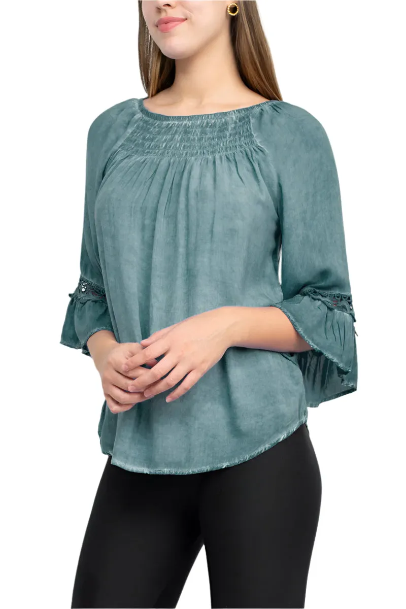 Floral   Ivy Round Neck 3/4 Sleeve Ruched Neck Rayon Top