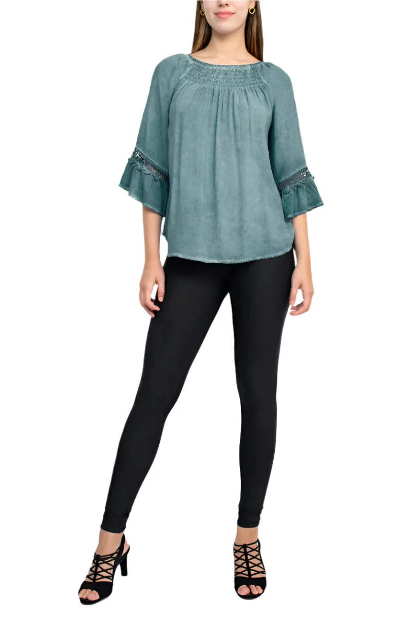 Floral   Ivy Round Neck 3/4 Sleeve Ruched Neck Rayon Top