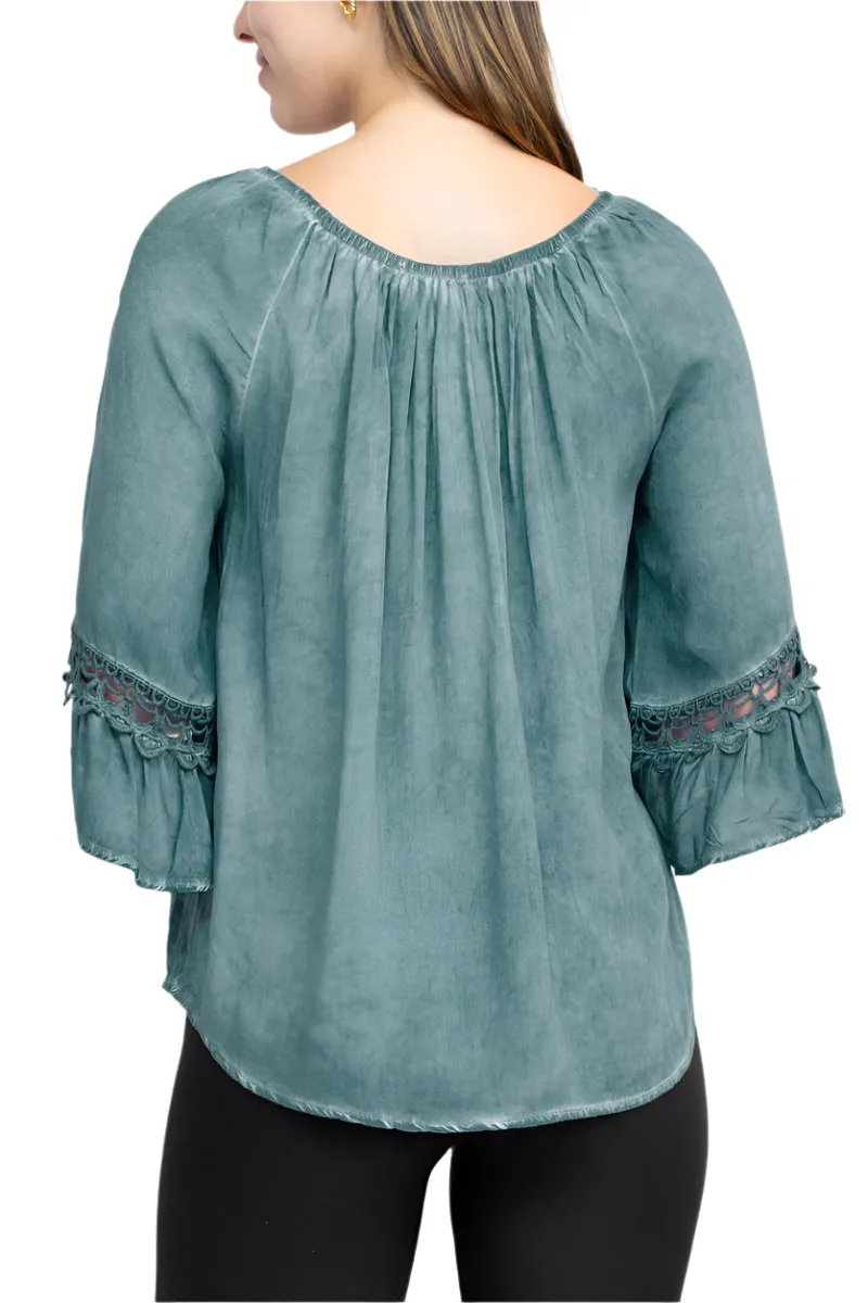 Floral   Ivy Round Neck 3/4 Sleeve Ruched Neck Rayon Top