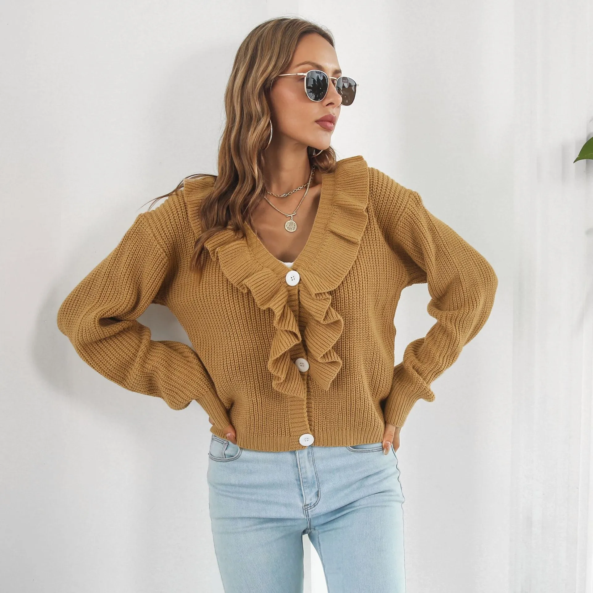 Frilly Sweater with Dramatic Collar and Accent Buttons