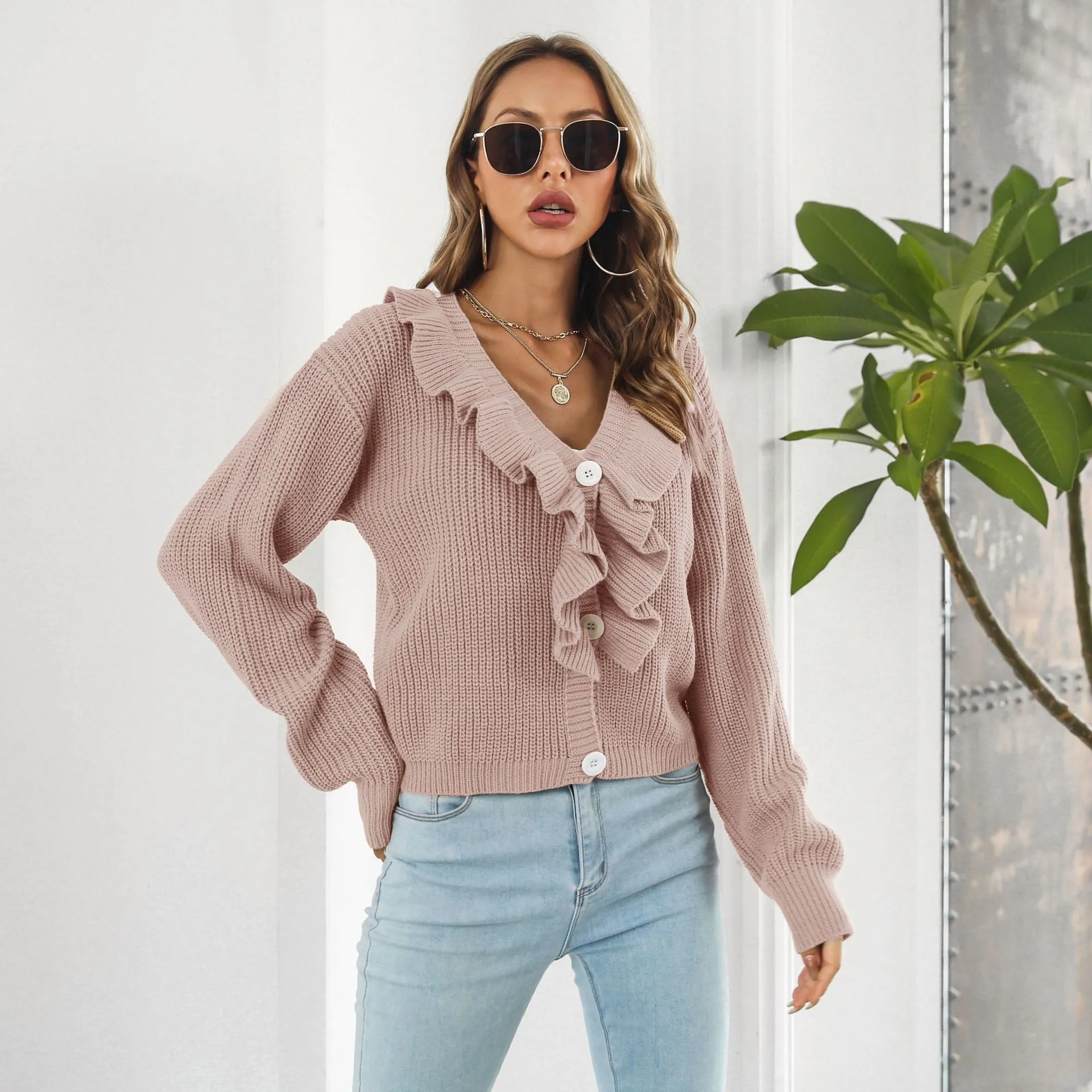 Frilly Sweater with Dramatic Collar and Accent Buttons