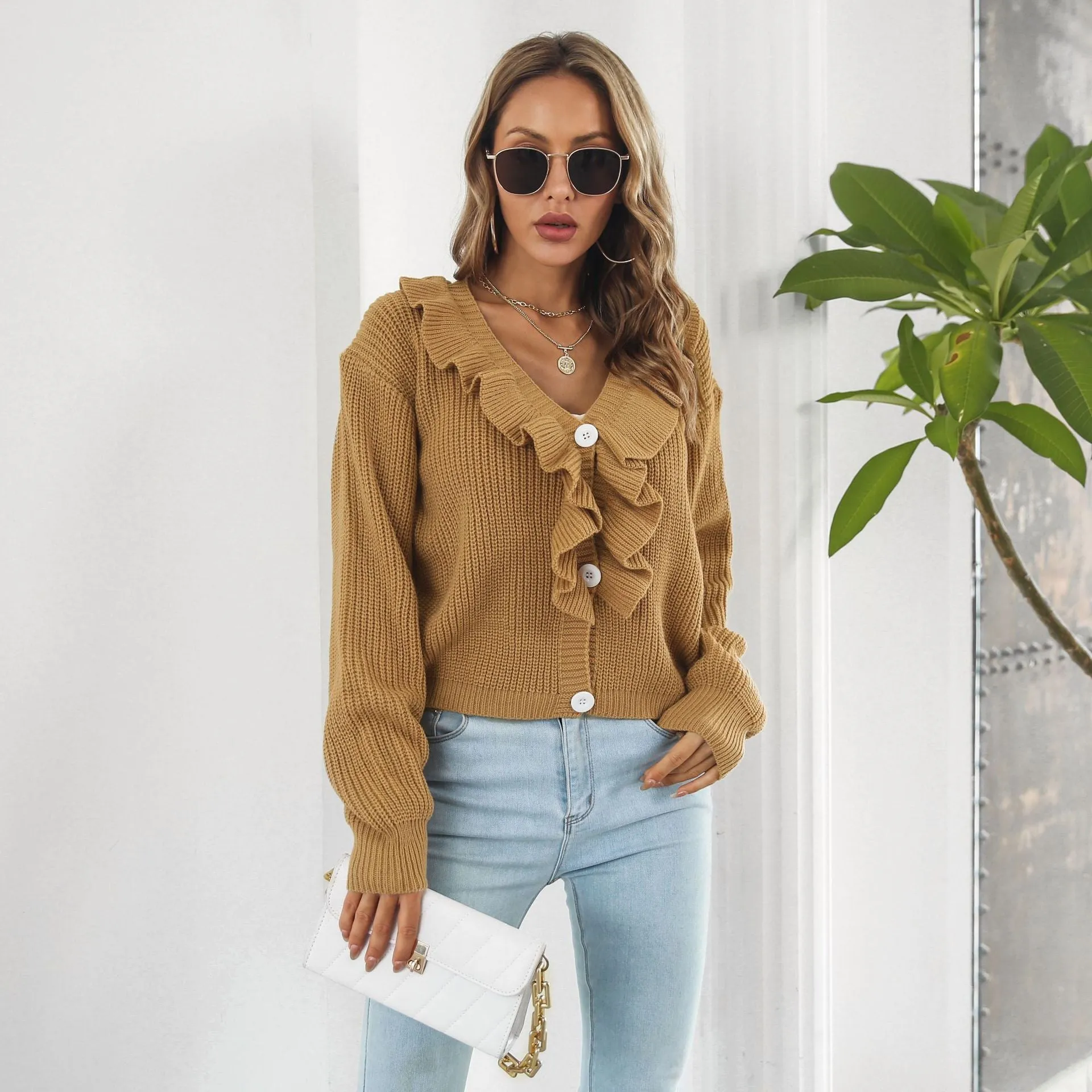 Frilly Sweater with Dramatic Collar and Accent Buttons