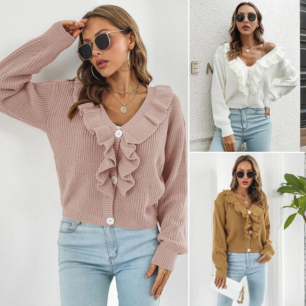 Frilly Sweater with Dramatic Collar and Accent Buttons