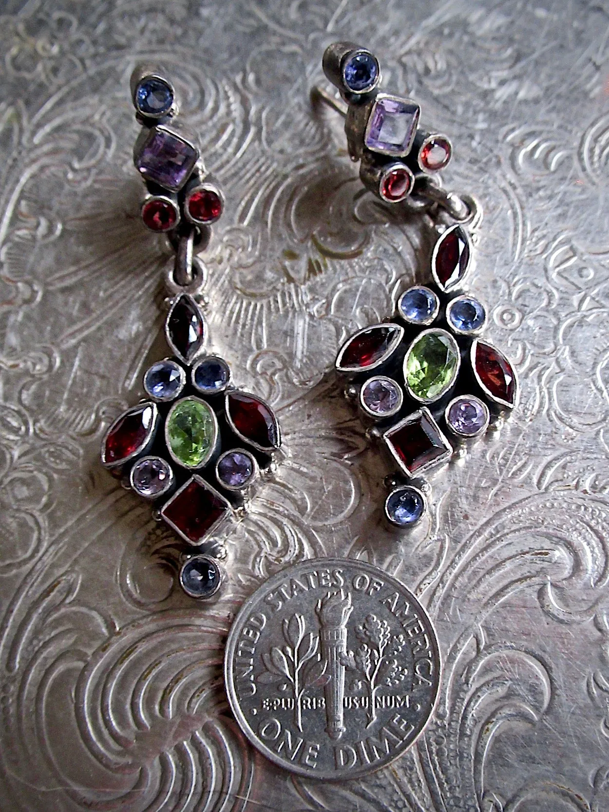 Gemstone Cluster Dangle Earrings With Garnet, Amethyst, Peridot