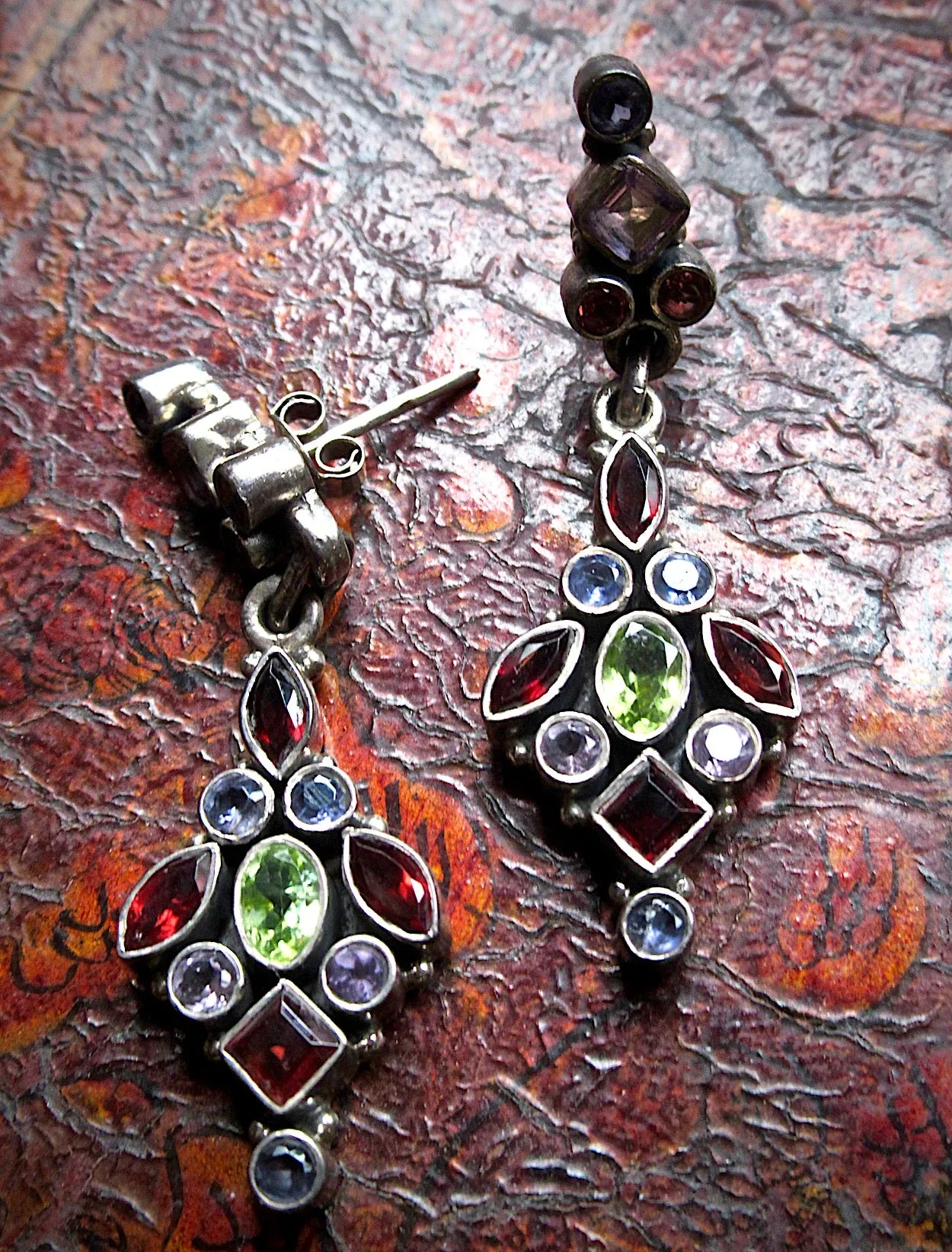 Gemstone Cluster Dangle Earrings With Garnet, Amethyst, Peridot