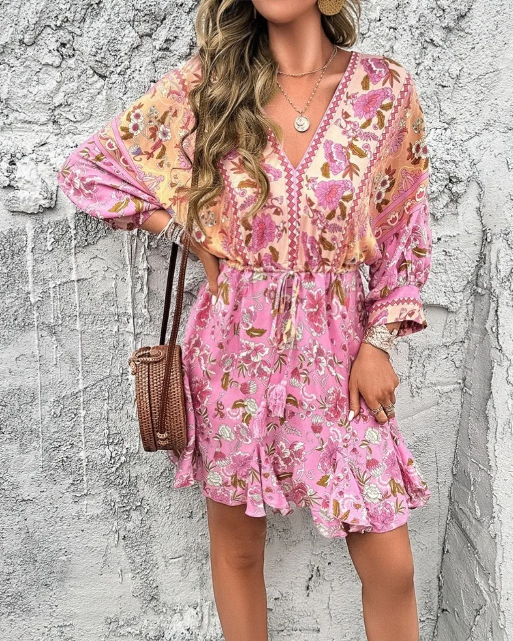 Georgia Floral Drawstring Dress - Pink - LAST ONE