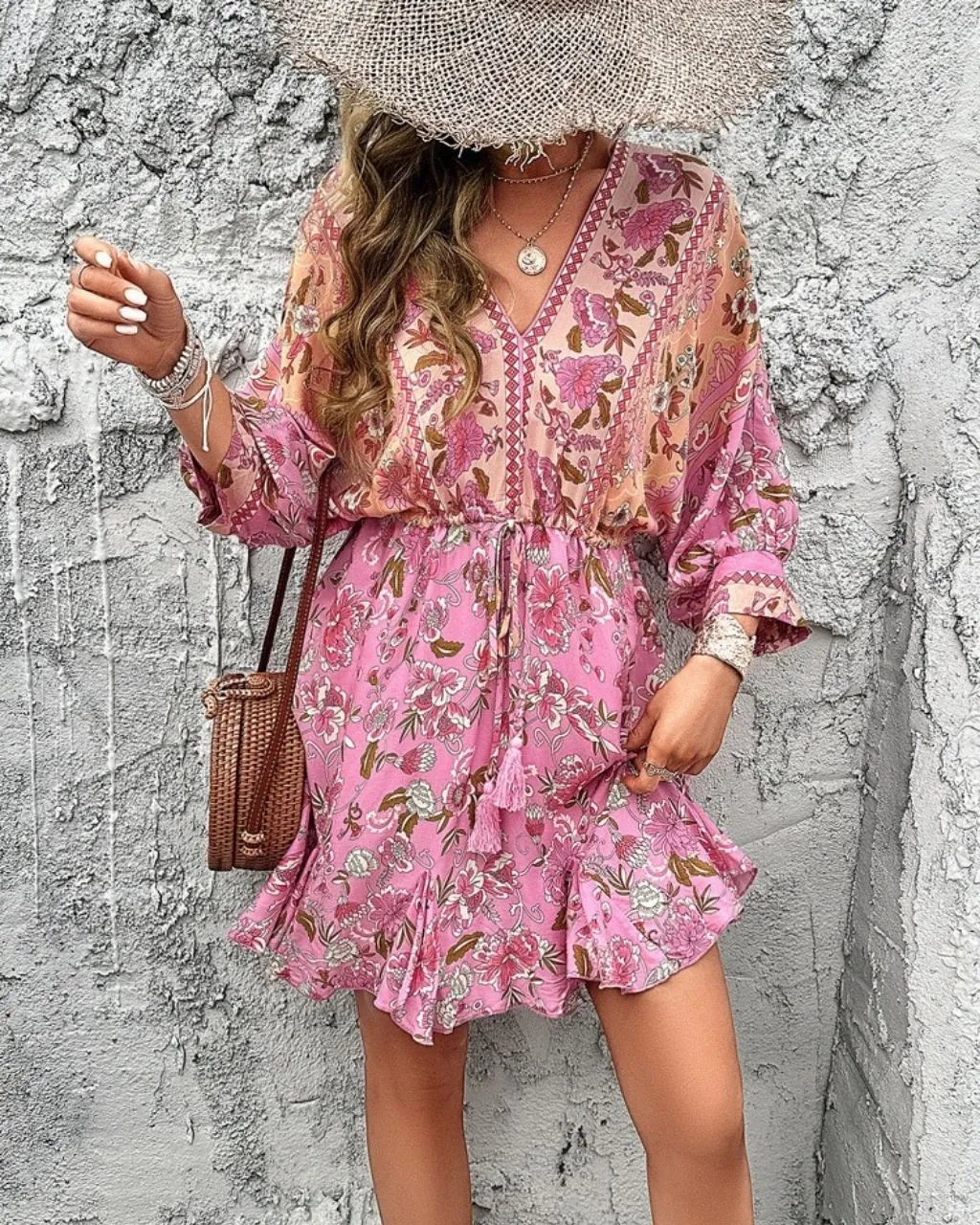 Georgia Floral Drawstring Dress - Pink - LAST ONE