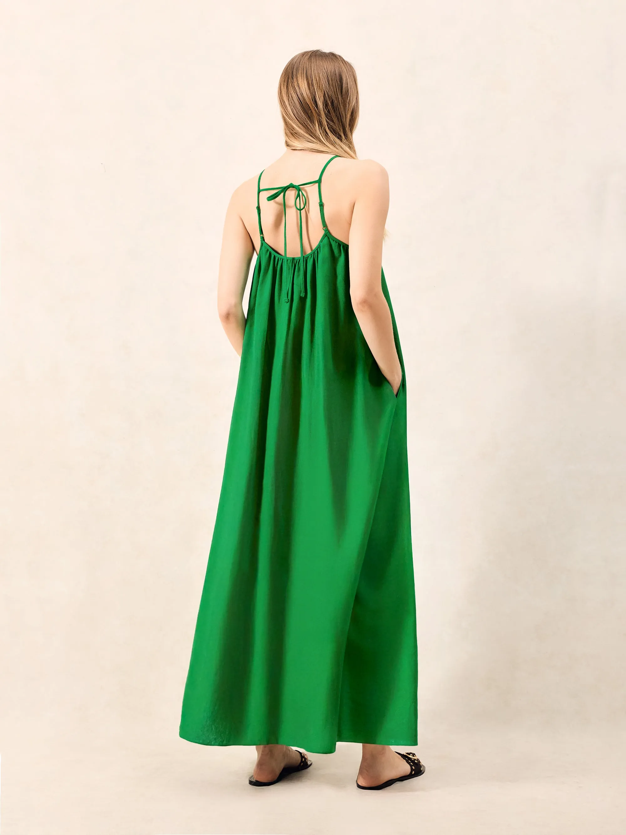 Green Linen Blend Tie Detail Maxi Dress