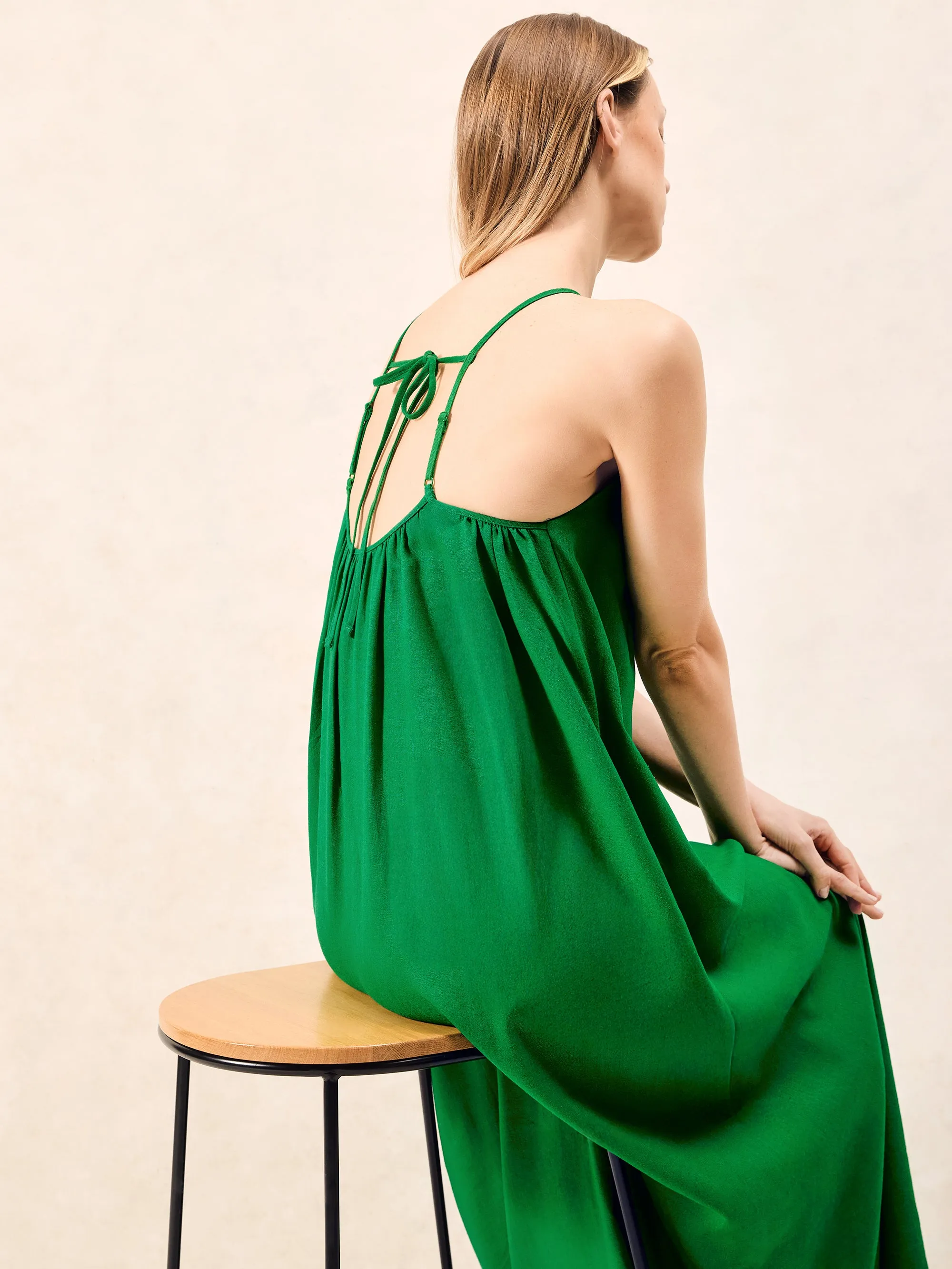 Green Linen Blend Tie Detail Maxi Dress