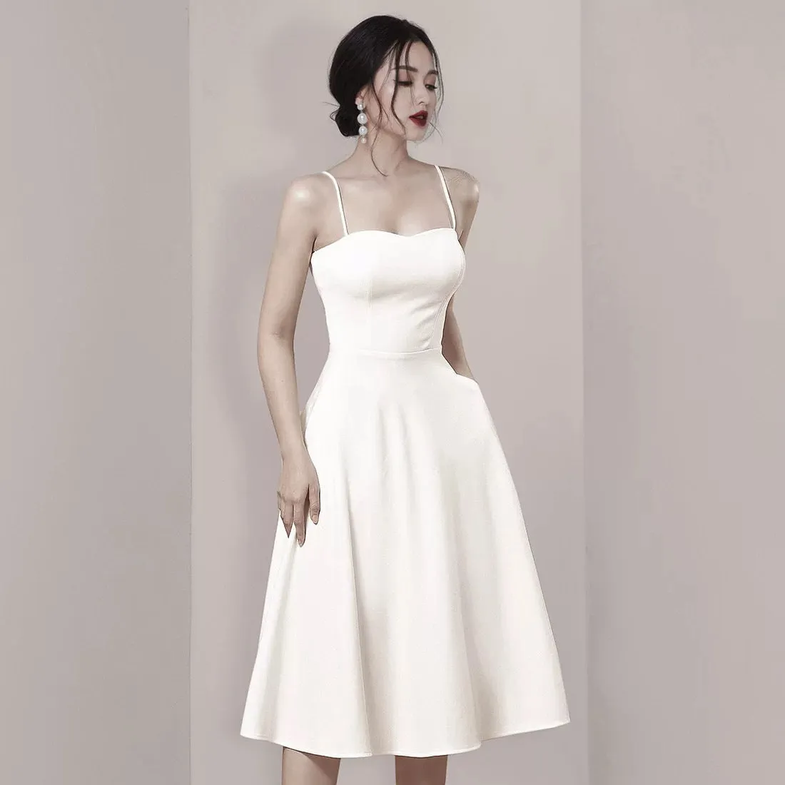 JazzHer Simple A line Spaghetti Straps White Knee Length Homecoming Dress Birthday Dresses (PRE-ORDER)