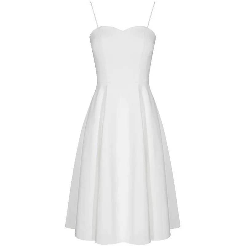 JazzHer Simple A line Spaghetti Straps White Knee Length Homecoming Dress Birthday Dresses (PRE-ORDER)