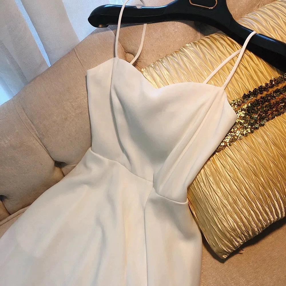 JazzHer Simple A line Spaghetti Straps White Knee Length Homecoming Dress Birthday Dresses (PRE-ORDER)