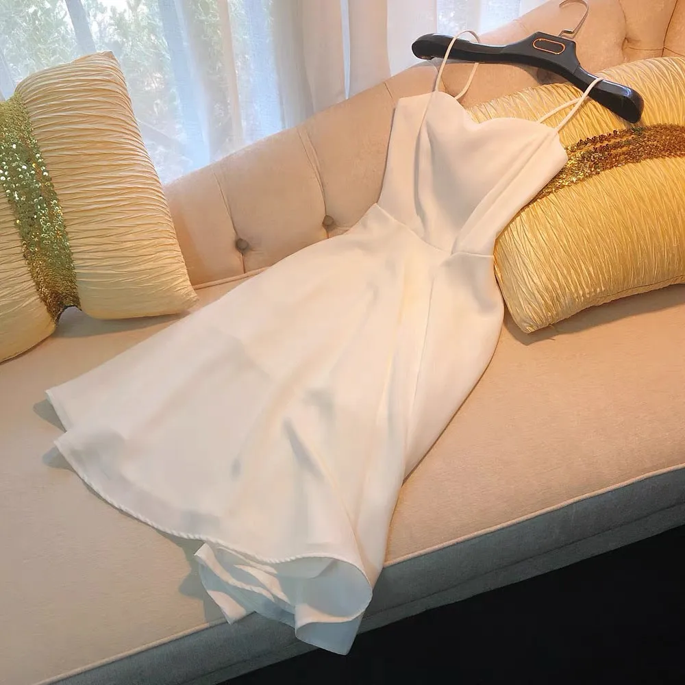 JazzHer Simple A line Spaghetti Straps White Knee Length Homecoming Dress Birthday Dresses (PRE-ORDER)
