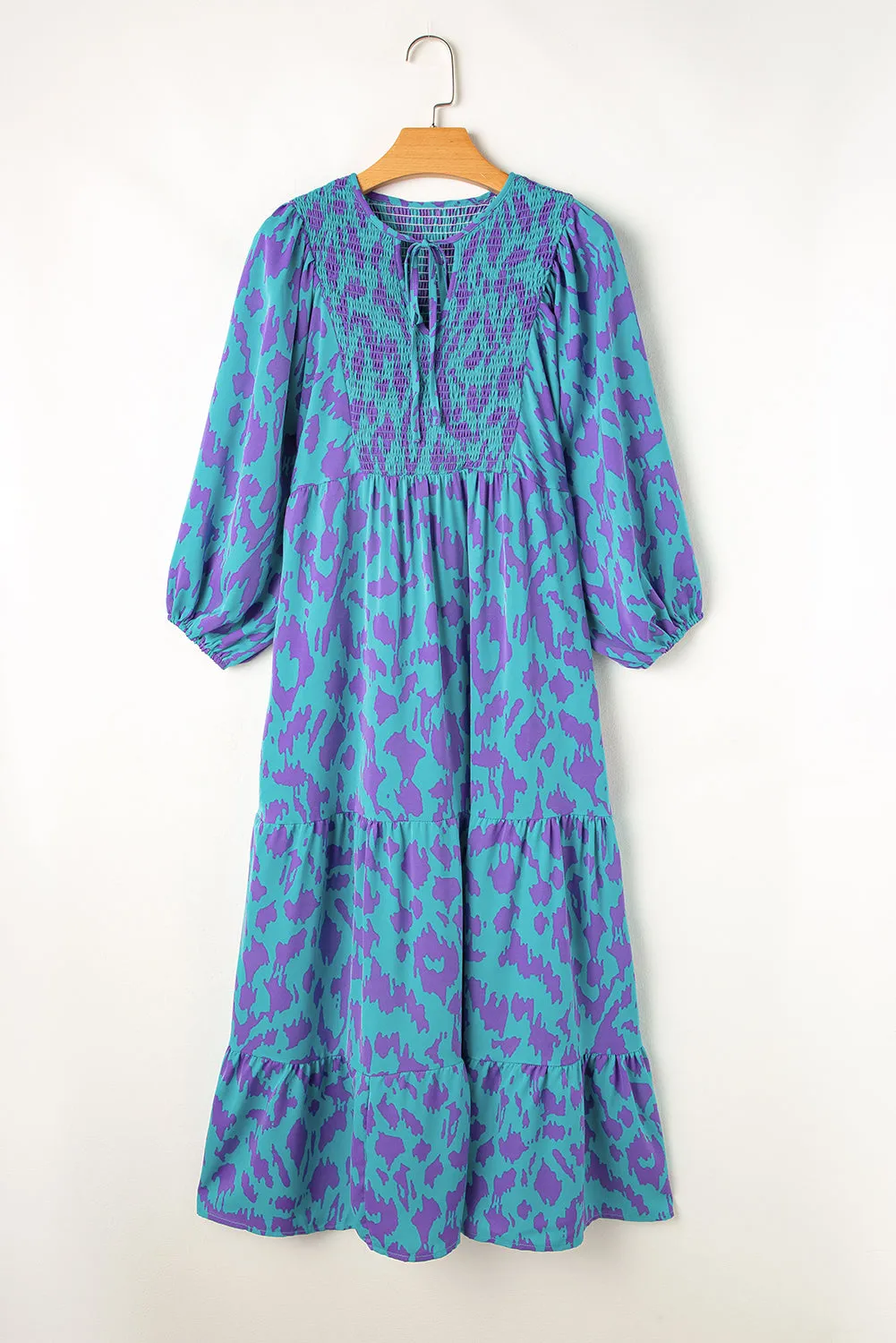 KaleaBoutique Abstract Print Puff Sleeve Tied Notched Neck Long Dress