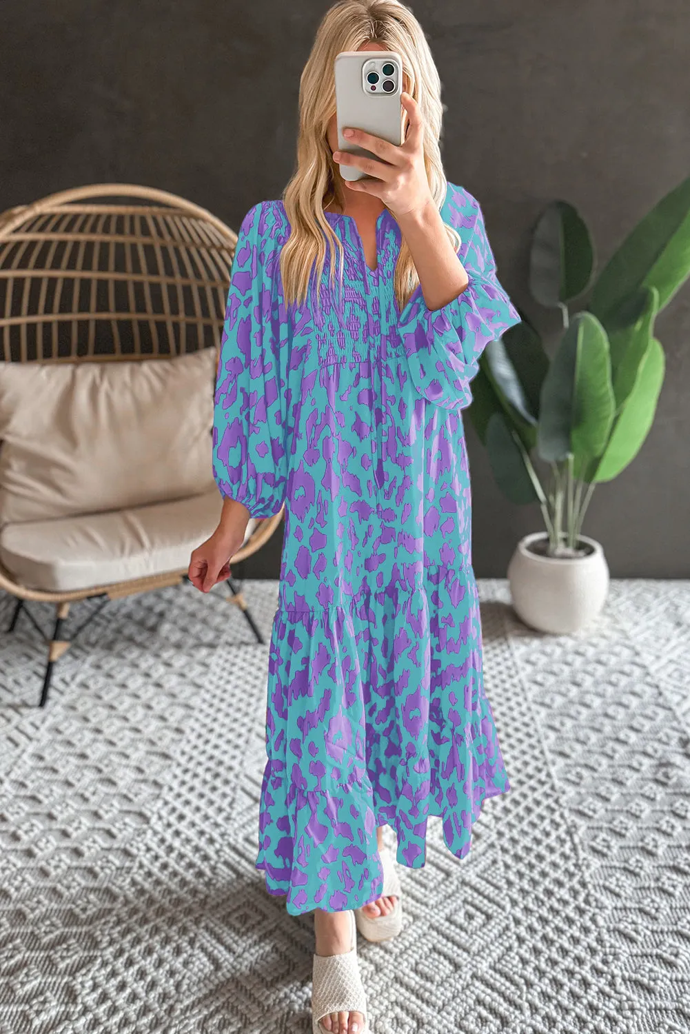 KaleaBoutique Abstract Print Puff Sleeve Tied Notched Neck Long Dress
