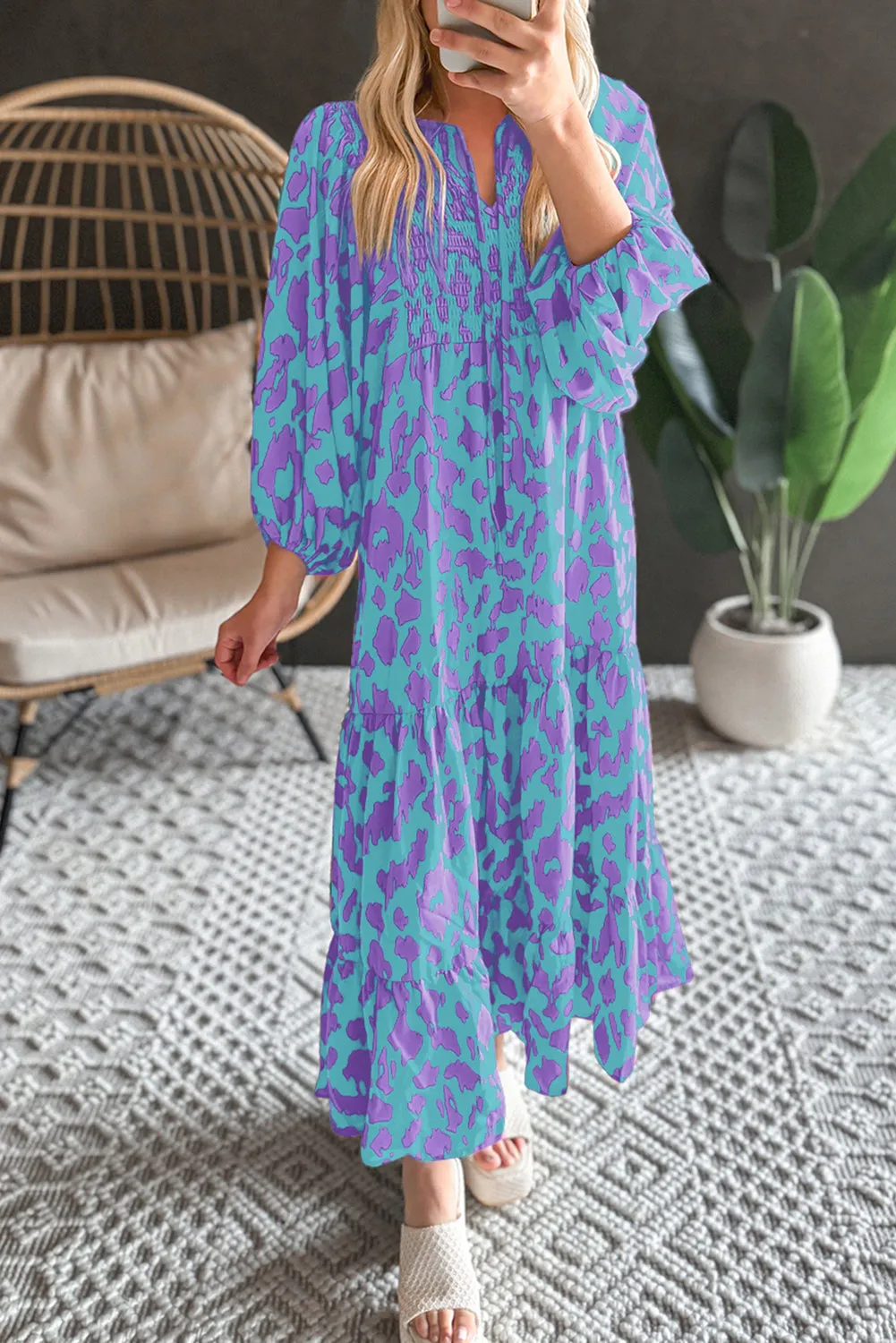 KaleaBoutique Abstract Print Puff Sleeve Tied Notched Neck Long Dress