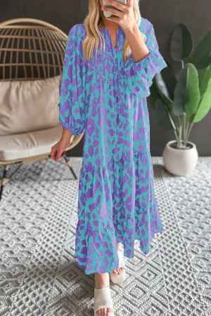 KaleaBoutique Abstract Print Puff Sleeve Tied Notched Neck Long Dress