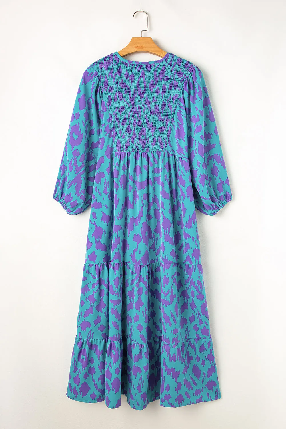 KaleaBoutique Abstract Print Puff Sleeve Tied Notched Neck Long Dress