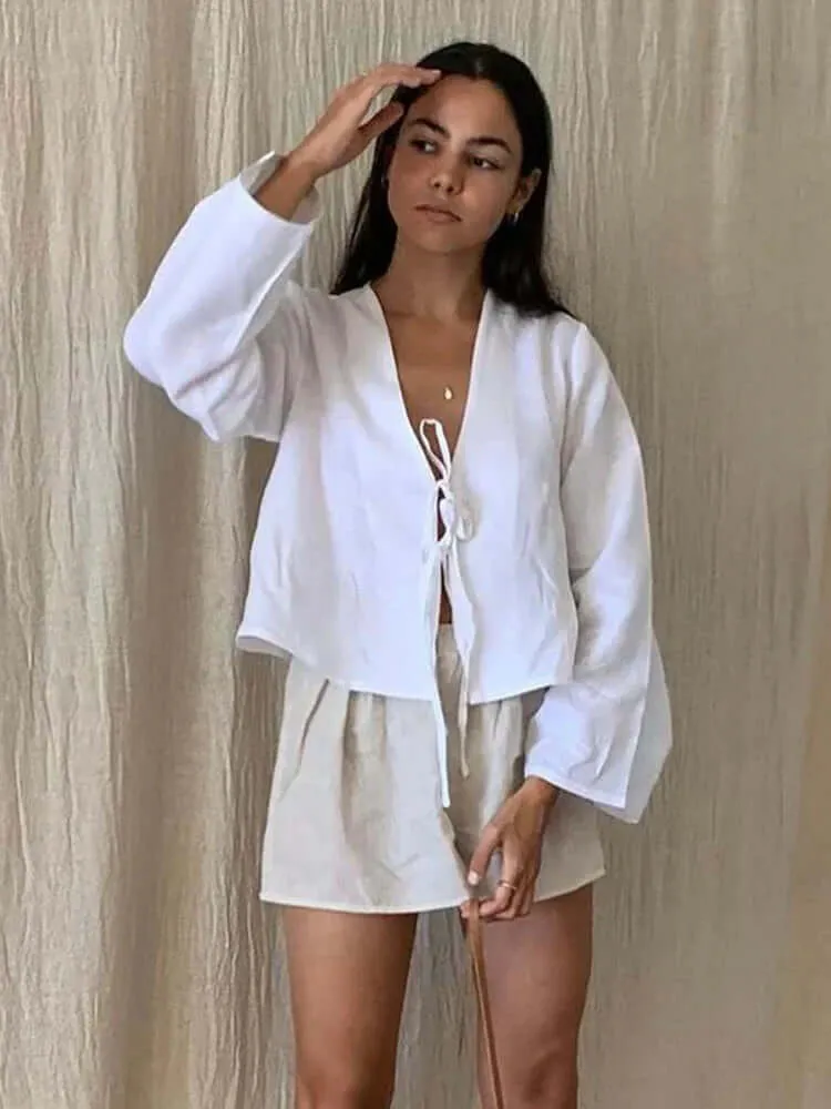 Ladies' Lace-up Shirt With V-neckline