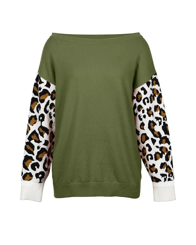 Long SleeveLeopard Print Color Block Loose Pullover Sweater