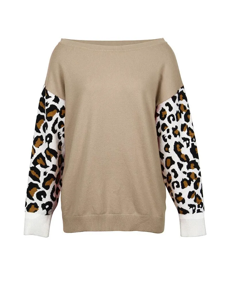 Long SleeveLeopard Print Color Block Loose Pullover Sweater