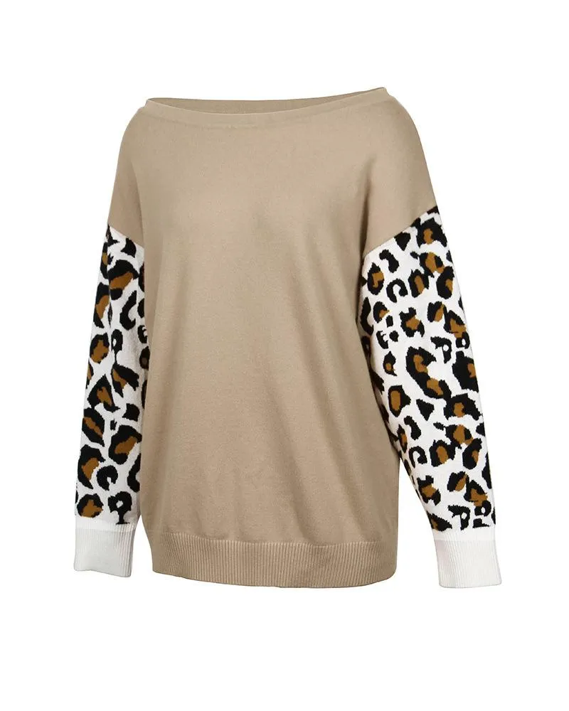 Long SleeveLeopard Print Color Block Loose Pullover Sweater