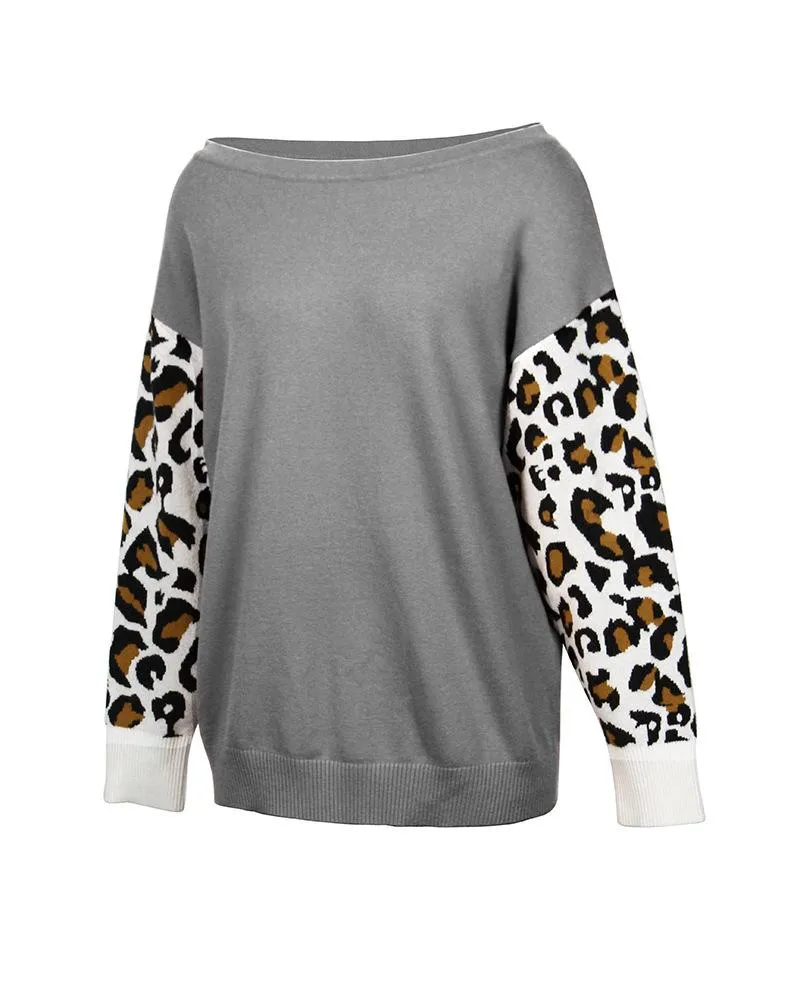 Long SleeveLeopard Print Color Block Loose Pullover Sweater