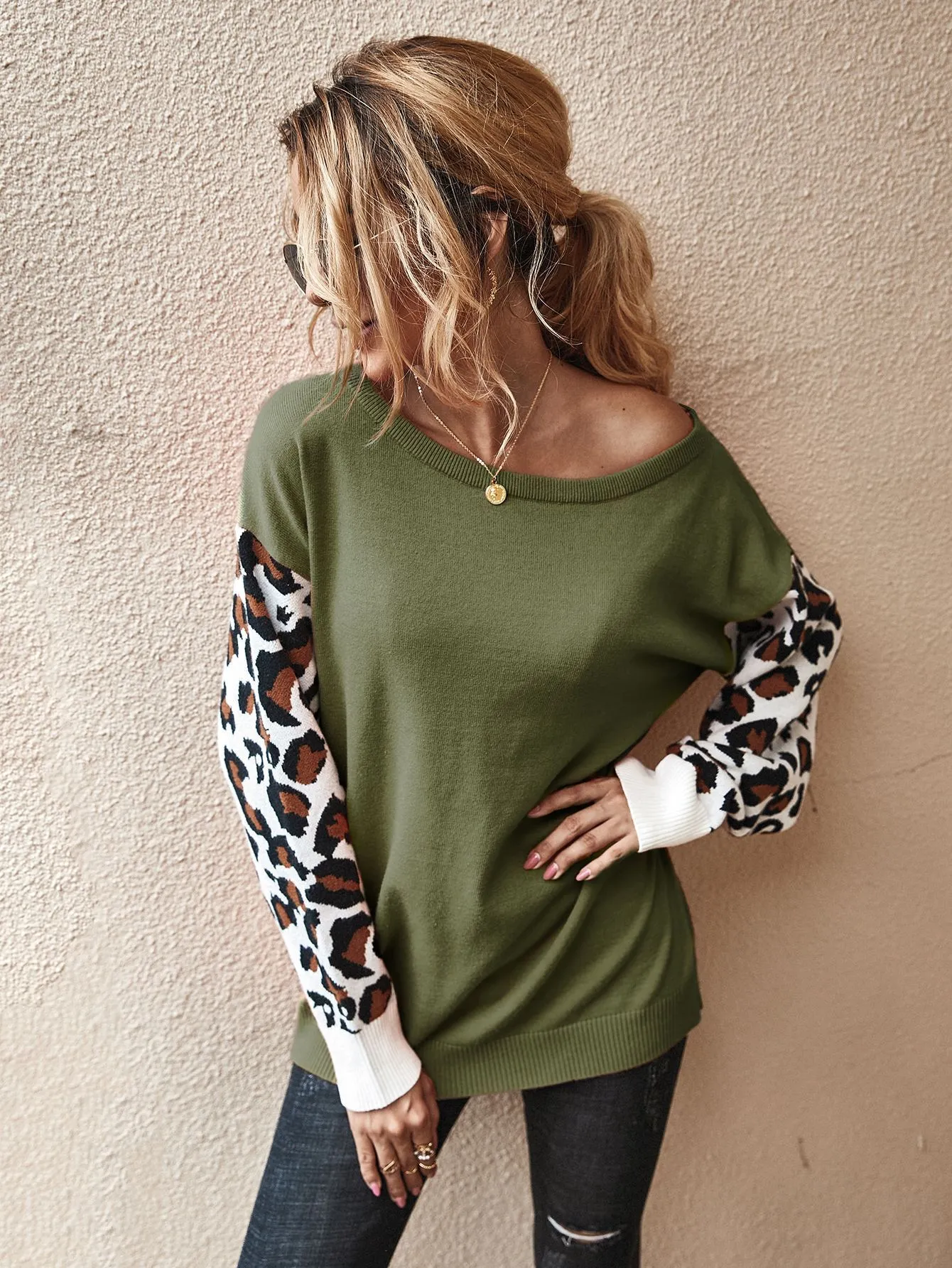 Long SleeveLeopard Print Color Block Loose Pullover Sweater